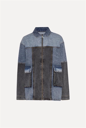 Rotate, Oversized Patchwork Jacket, Medium Blue Denim